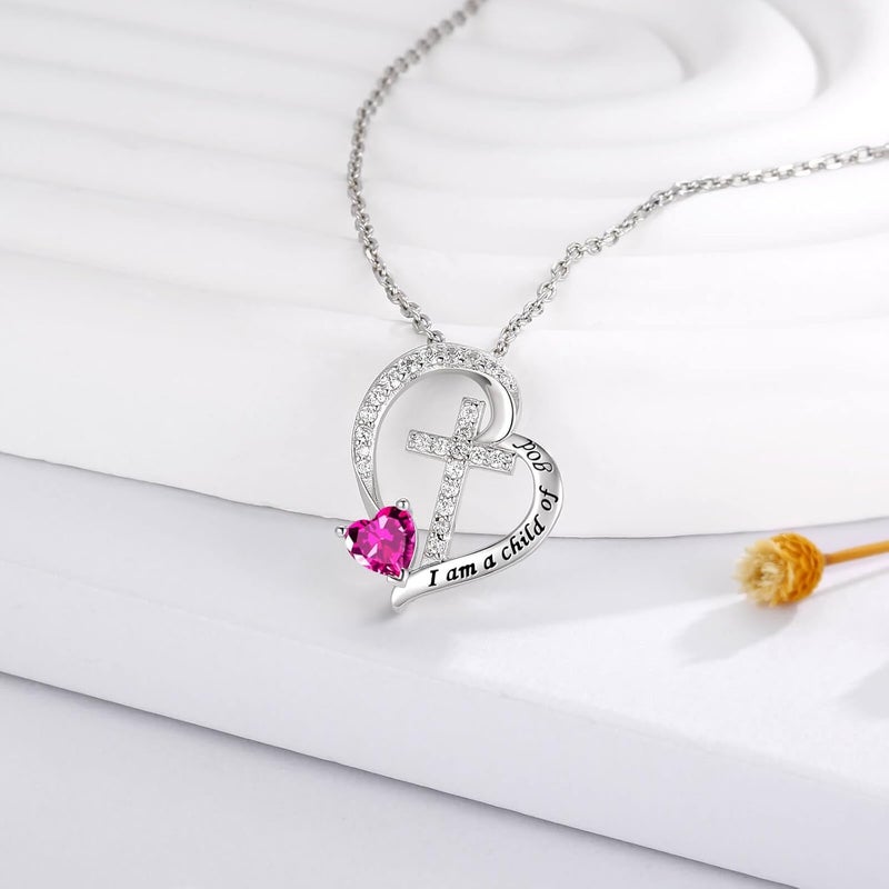 MANBU Sterling Silver Cross Necklace for Girls: Heart Birthstone I am a Child of God Pendant Religious Jewelry Baptism First Communion Confirmation Gifts for Teens - Image 1